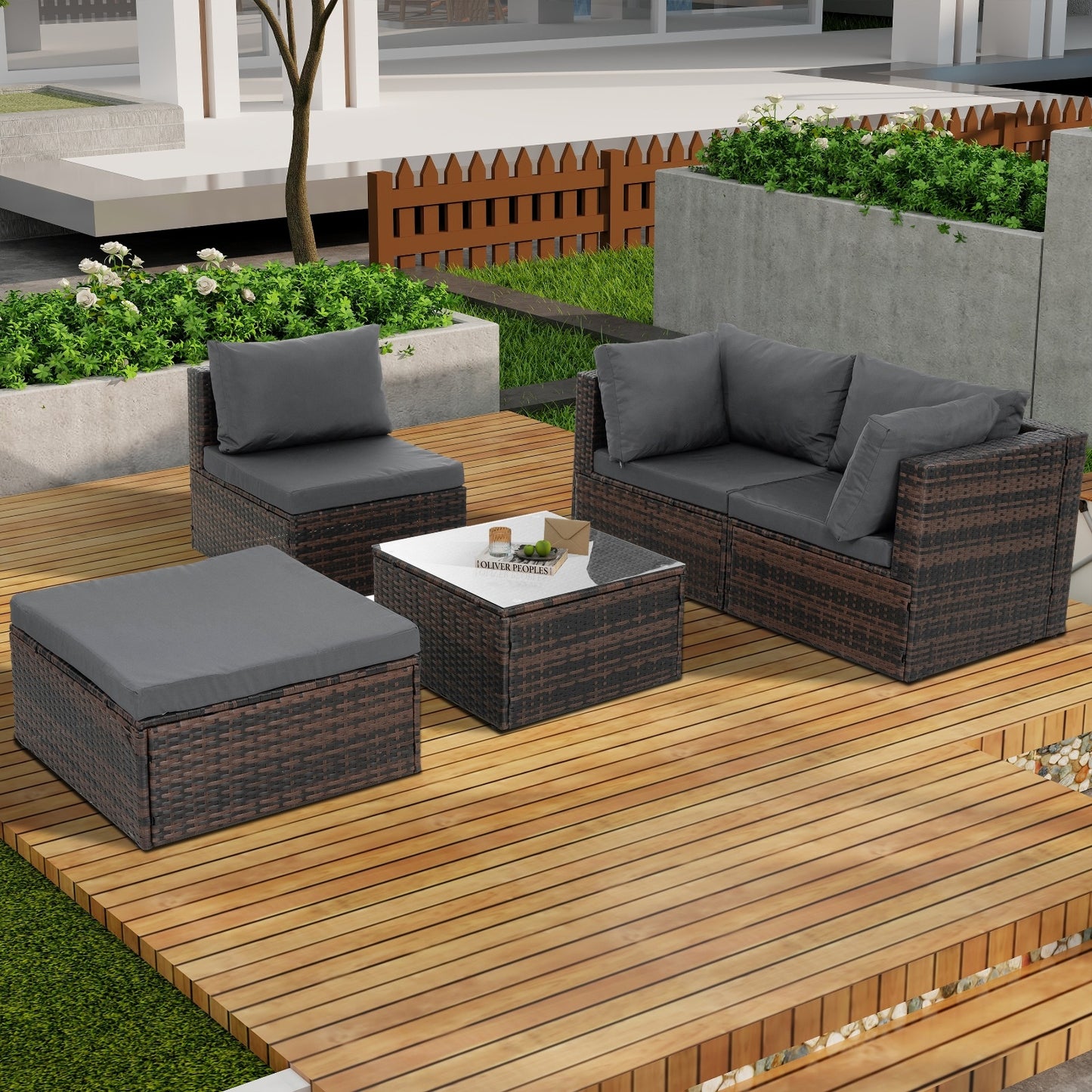Patio Outdoor Furniture 5-Piece PE Wicker Set with Tempered Glass Table