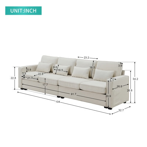 Modern Linen Fabric Sofa with Armrest Pockets and 4 Pillows, Minimalist Style Couch for Living Room, Apartment, Office, 3 Colors