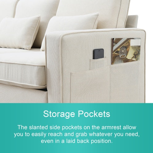 Modern Linen Fabric Sofa with Armrest Pockets and 4 Pillows, Minimalist Style Couch for Living Room, Apartment, Office, 3 Colors