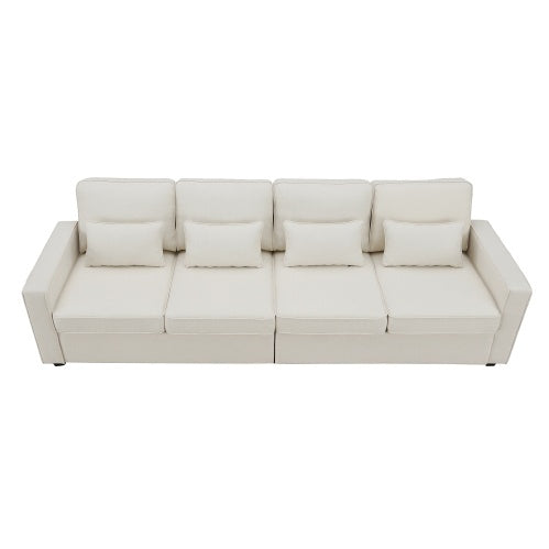 Modern Linen Fabric Sofa with Armrest Pockets and 4 Pillows, Minimalist Style Couch for Living Room, Apartment, Office, 3 Colors