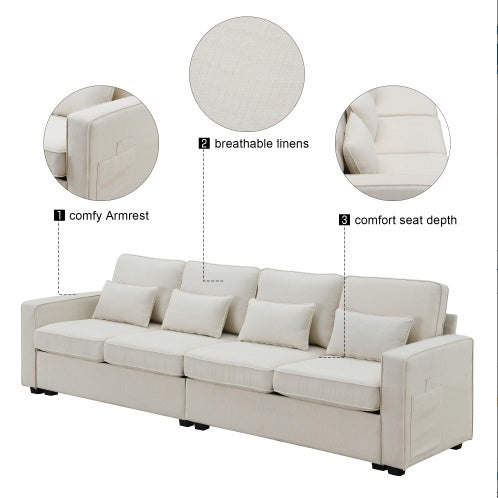 Modern Linen Fabric Sofa with Armrest Pockets and 4 Pillows, Minimalist Style Couch for Living Room, Apartment, Office, 3 Colors