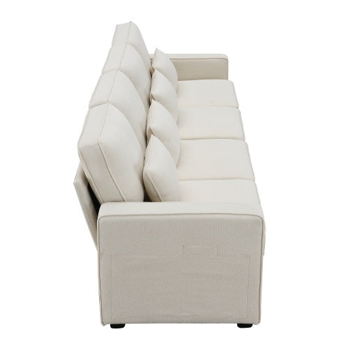 Modern Linen Fabric Sofa with Armrest Pockets and 4 Pillows, Minimalist Style Couch for Living Room, Apartment, Office, 3 Colors