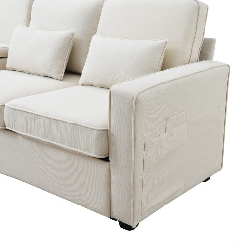 Modern Linen Fabric Sofa with Armrest Pockets and 4 Pillows, Minimalist Style Couch for Living Room, Apartment, Office, 3 Colors