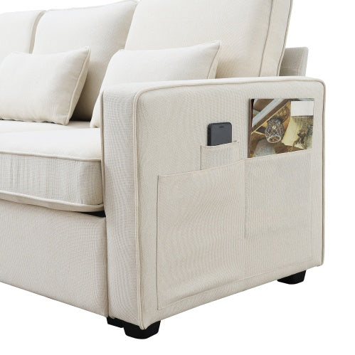 Modern Linen Fabric Sofa with Armrest Pockets and 4 Pillows, Minimalist Style Couch for Living Room, Apartment, Office, 3 Colors