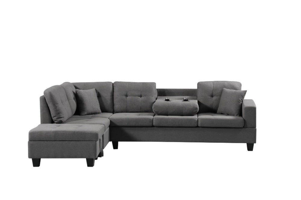 Grey Left-Facing Fabric Sectional Sofa with Ottoman for Living Room