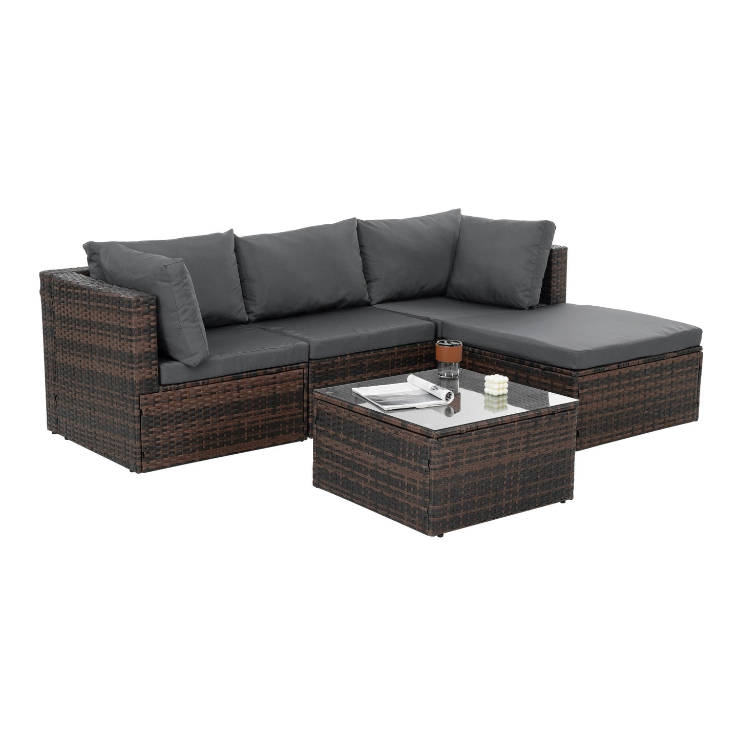 Patio Outdoor Furniture 5-Piece PE Wicker Set with Tempered Glass Table