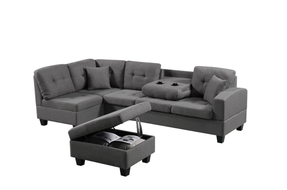 Grey Left-Facing Fabric Sectional Sofa with Ottoman for Living Room