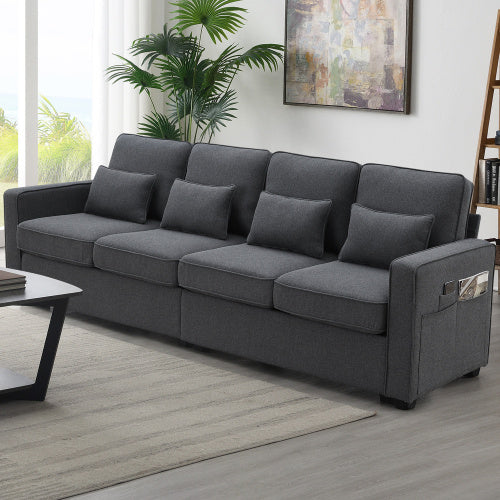 Modern Linen Fabric Sofa with Armrest Pockets and 4 Pillows, Minimalist Style Couch for Living Room, Apartment, Office, 3 Colors