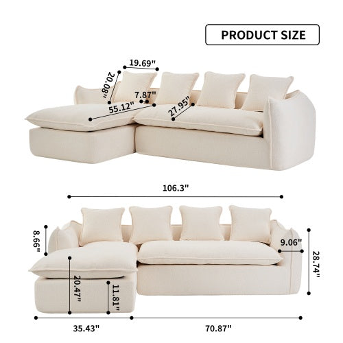 3-Seater Deep Seat Oversized Comfy L-Shape Sofa Couch with Chaise, Sleeper Sectional Sofa for Living Room, Apartment, Office, Left-Hand Facing