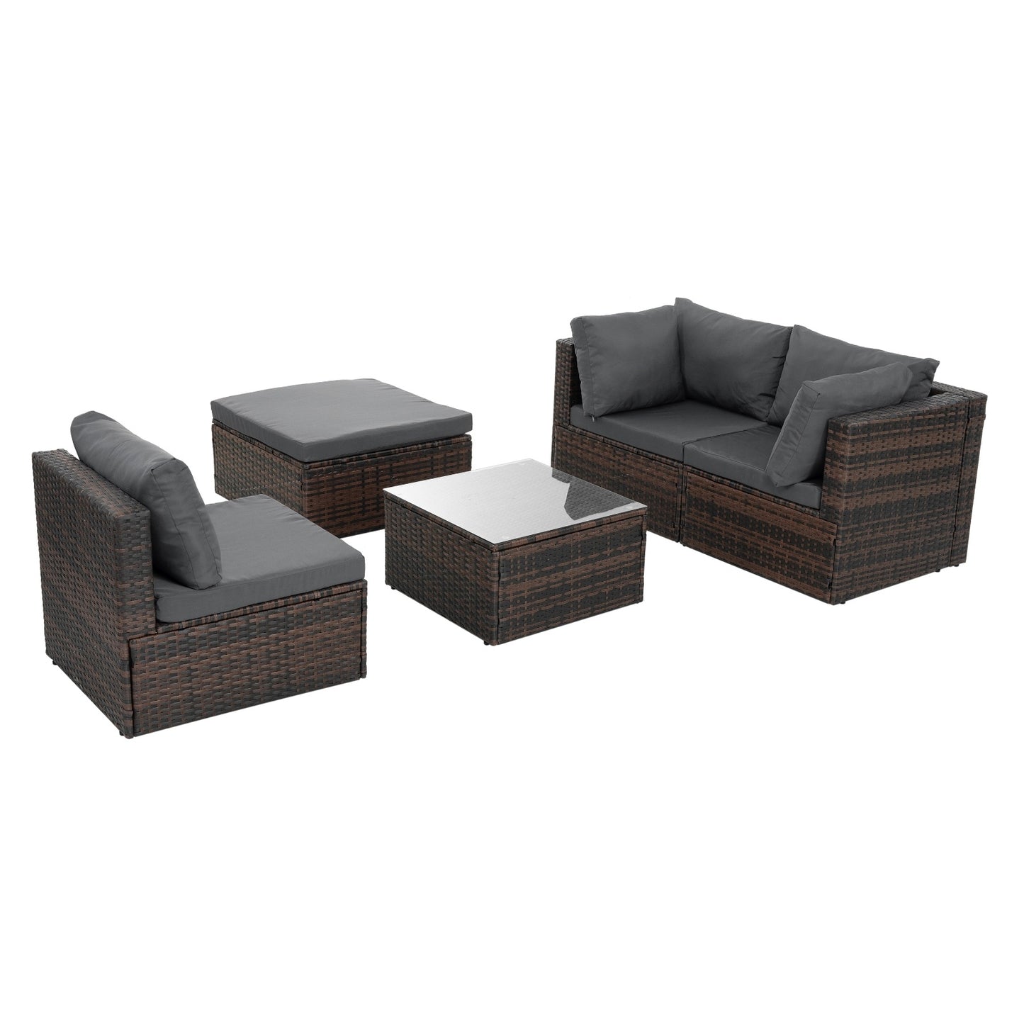 Patio Outdoor Furniture 5-Piece PE Wicker Set with Tempered Glass Table