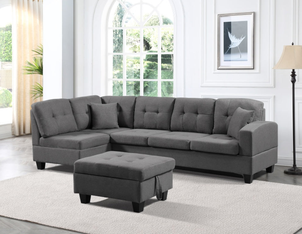 Grey Left-Facing Fabric Sectional Sofa with Ottoman for Living Room