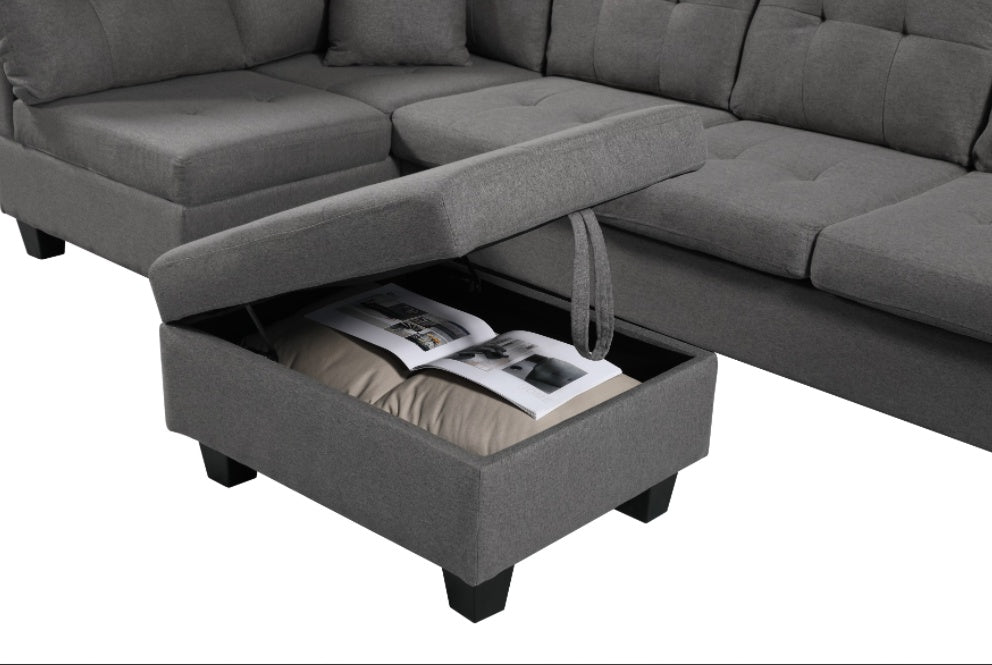 Grey Left-Facing Fabric Sectional Sofa with Ottoman for Living Room