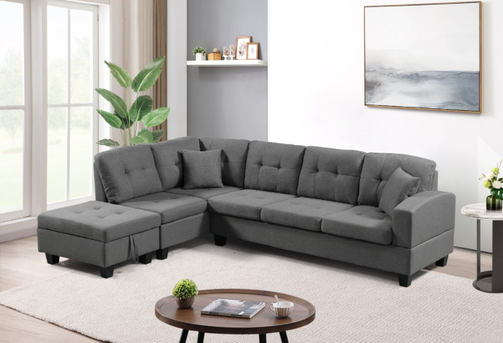Grey Left-Facing Fabric Sectional Sofa with Ottoman for Living Room