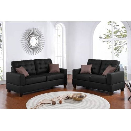 Living Room Furniture 2-Piece Sofa Set Black Faux Leather Tufted Sofa and Loveseat with Pillows and Cushions