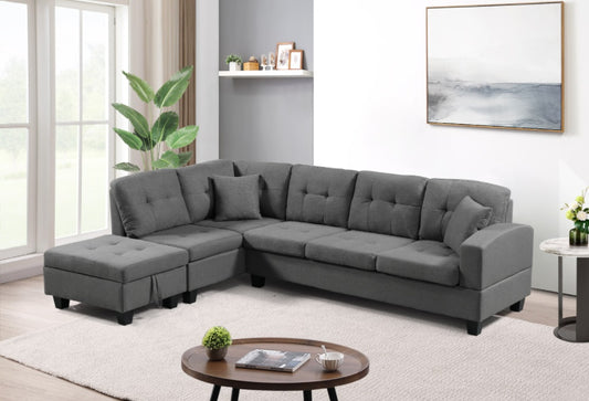 Grey Left-Facing Fabric Sectional Sofa with Ottoman for Living Room